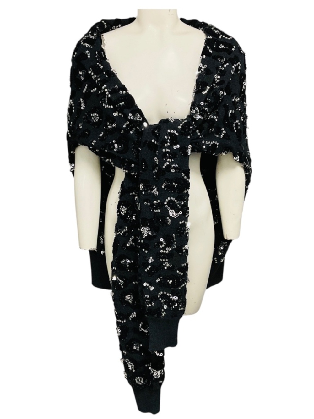 Michael Kors Collection Charcoal Grey Leopard Embroidered Sequined Cashmere Sca